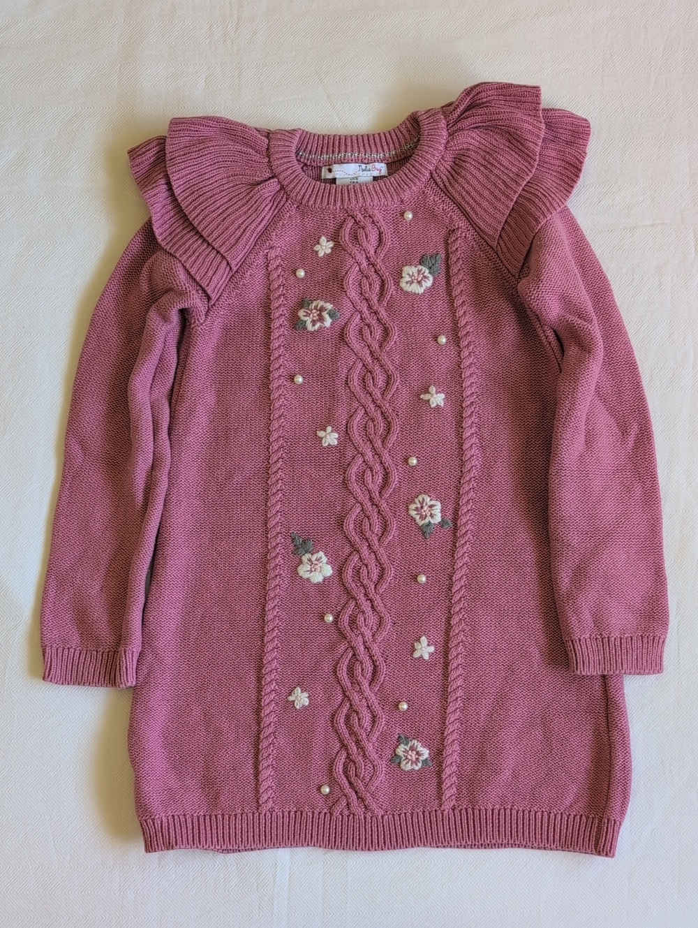 Nula Bug Girls Size 6 Dusty Rose Cotton Cable Knit Sweater Dress Ruffle Pearl
